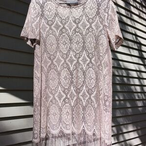 Flapper Lace Fringe Brown Mini Dress M Vtg Giorgio Sant Angelo Short Sleeve